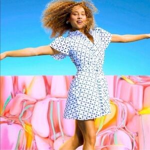 ALEXIS x TARGET Blue White Dot Tulip Sleeve Embroidered Shirtdress Size Small